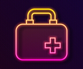 Glowing neon line First aid kit icon isolated on black background. Medical box with cross. Medical equipment for emergency. Healthcare concept. Vector