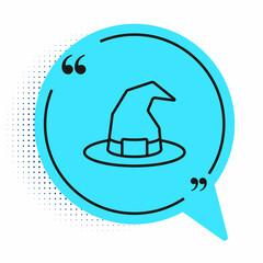 Black line Witch hat icon isolated on white background. Happy Halloween party. Blue speech bubble symbol. Vector