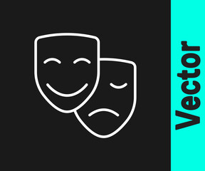 White line Comedy and tragedy theatrical masks icon isolated on black background. Vector