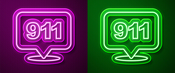 Glowing neon line Telephone with emergency call 911 icon isolated on purple and green background. Police, ambulance, fire department, call, phone. Vector