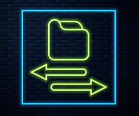 Glowing neon line Transfer files icon isolated on brick wall background. Copy files, data exchange, backup, PC migration, file sharing concepts. Vector