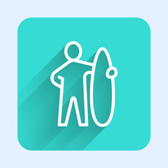 White line Surfboard icon isolated with long shadow background. Surfing board. Extreme sport. Sport equipment. Green square button. Vector