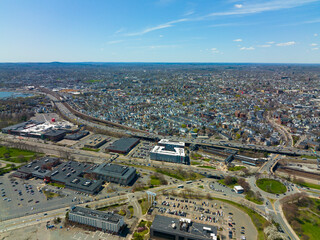 Boston Dorchester historic district and Interstate Highway 93 aerial view in spring from South Boston, Massachusetts MA, USA. 