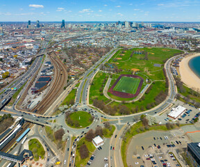 Boston Downtown Financial District and Back Bay skyline aerial view in spring from South Boston next to Joe Moakley Park, Massachusetts MA, USA. 