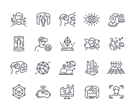 Metaverse line icon set. Minimalistic stickers with virtual reality, modern technologies and innovative gadgets. Futuristic world. Cartoon flat vector collection isolated on white background