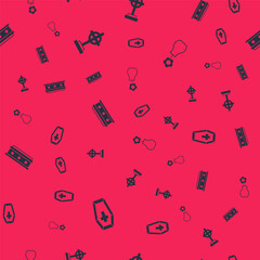 Set Coffin with cross, Grave, and Flower vase on seamless pattern. Vector