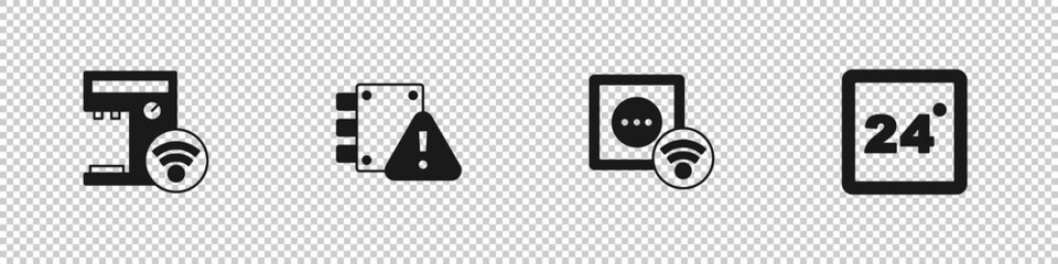 Set Smart coffee machine, House under protection, electrical outlet and Thermostat icon. Vector