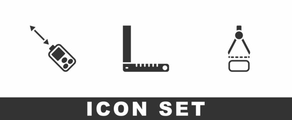 Set Laser distance measurer, Corner ruler and Drawing compass icon. Vector