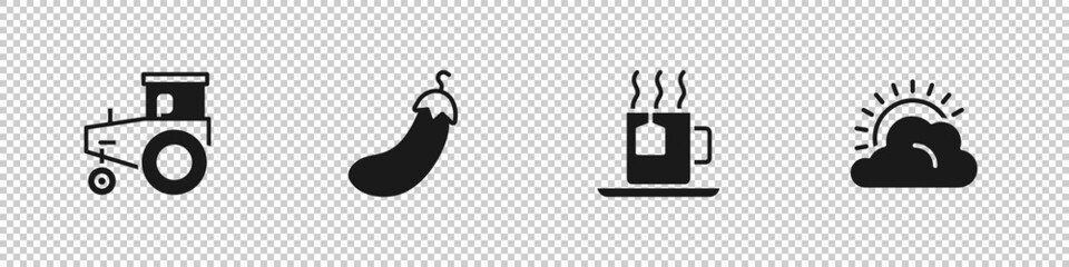 Set Tractor, Eggplant, Cup of tea with tea bag and Sun and cloud weather icon. Vector