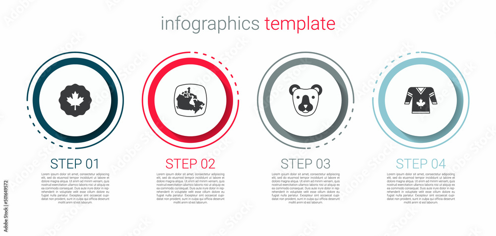 Poster set canadian maple leaf, canada, bear head and hockey jersey. business infographic template. vector