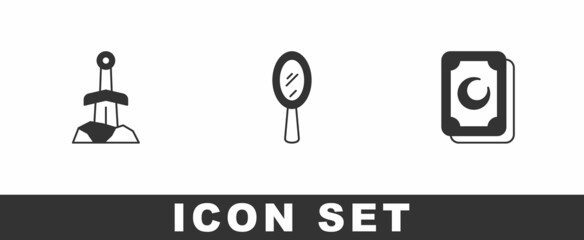 Set Sword in the stone, Magic hand mirror and Tarot cards icon. Vector