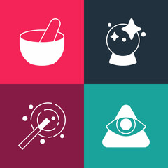 Set pop art All-seeing eye of God, Magic wand, ball and Witch cauldron icon. Vector