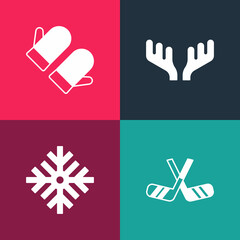 Set pop art Ice hockey sticks, Snowflake, Deer antlers and Christmas mitten icon. Vector