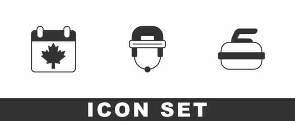 Set Canada day with maple leaf, Hockey helmet and Stone for curling icon. Vector