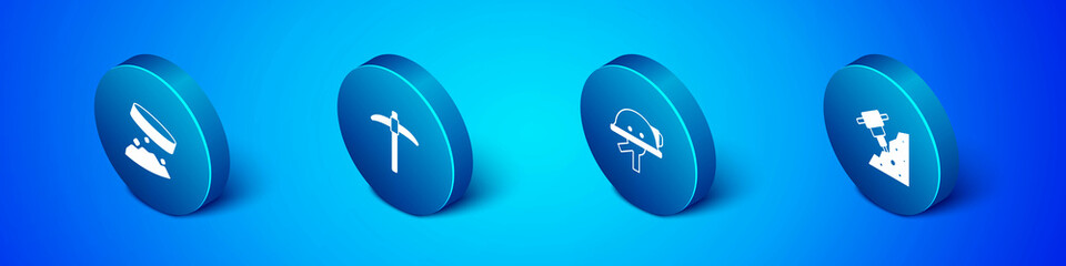 Set Isometric Giant magnet holding iron dust, Miner helmet, Construction jackhammer and Pickaxe icon. Vector