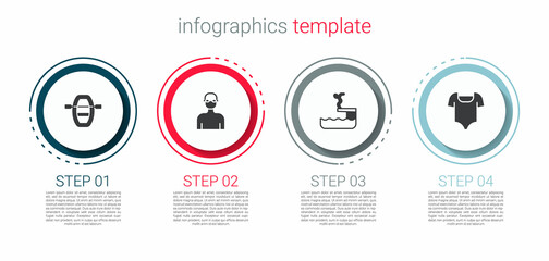 Set Boat with oars, Swimmer, diving into pool and Swimsuit. Business infographic template. Vector