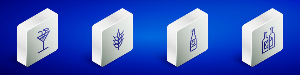 Set Isometric line Cocktail, Hop, Beer bottle and Bottles of wine icon. Vector