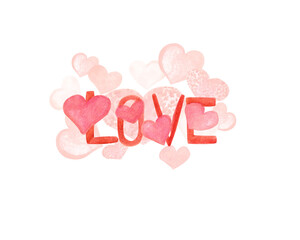 Watercolor illustration lettering, word love, pink hearts romance on a white background for your design, isolated, hand drawn