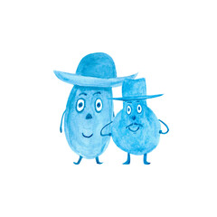 Watercolor illustration of funny fairy tale children of blue color in a hat on a white background for your design isolated, hand drawn