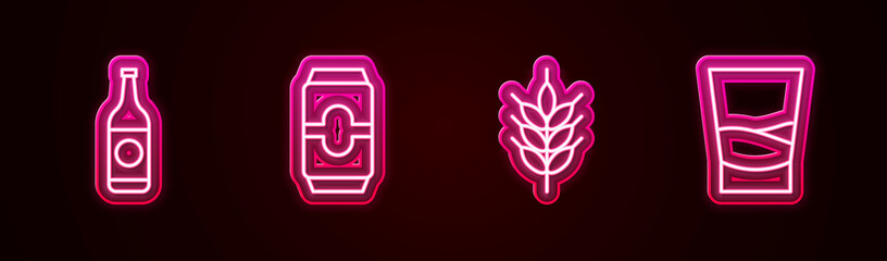 Set line Beer bottle, can, Hop and Glass of vodka. Glowing neon icon. Vector
