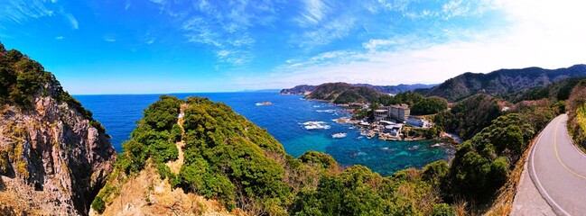 兵庫県豊岡市日和山海岸の綺麗な日本海　ドローンパノラマ空撮