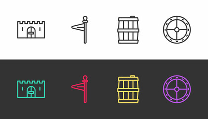 Set line Medieval castle gate, flag, Wooden barrel and Round wooden shield on black and white. Vector