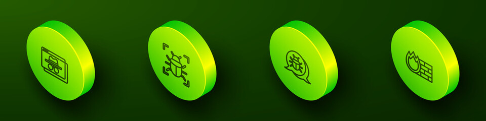 Set Isometric line Browser incognito window, System bug, and Firewall, security wall icon. Vector