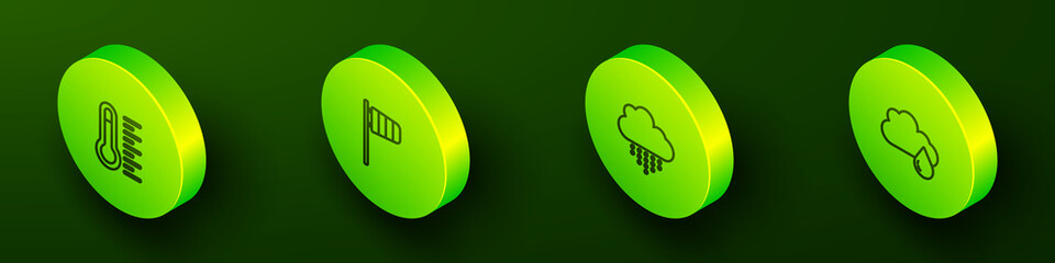 Set Isometric line Meteorology thermometer, Cone windsock wind vane, Cloud with rain and icon. Vector