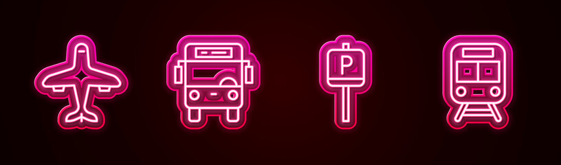 Set line Plane, Bus, Parking and Train and railway. Glowing neon icon. Vector