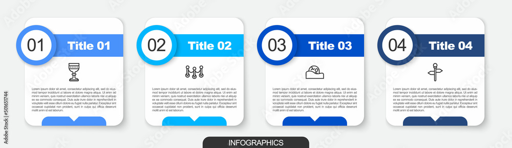 Canvas Prints set line medieval goblet, rope barrier, human skull and road traffic signpost. business infographic 