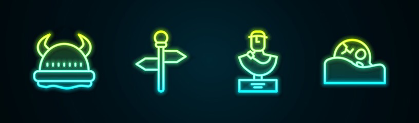 Set line Viking in horned helmet, Road traffic signpost, Ancient bust sculpture and Human skull. Glowing neon icon. Vector
