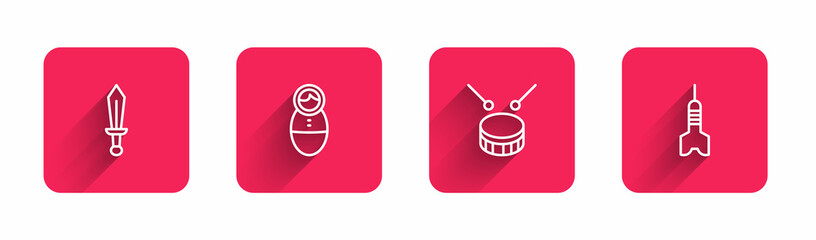 Set line Sword toy, Tumbler doll, Drum with drum sticks and Dart arrow with long shadow. Red square button. Vector