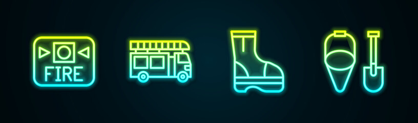 Set line Fire alarm system, truck, boots and shovel and bucket. Glowing neon icon. Vector