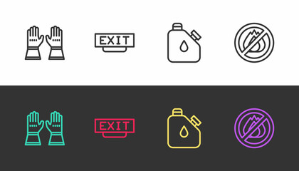 Set line Firefighter gloves, exit, Canister fuel and No fire on black and white. Vector