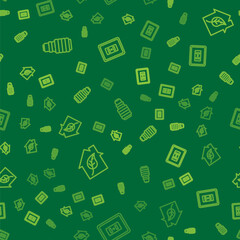 Set line LED light bulb, Eco friendly house and Electrical outlet on seamless pattern. Vector