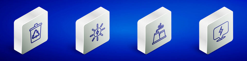 Set Isometric line Recycle bin with recycle, Solar energy panel, Factory and Lightning bolt icon. Vector