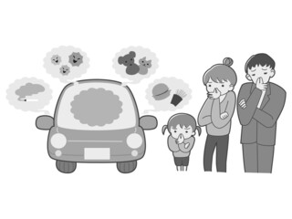 車のいやな臭いに困る家族のイラスト