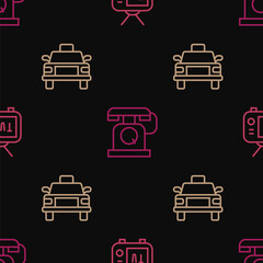 Set line Retro tv, Taxi car and Telephone handset on seamless pattern. Vector