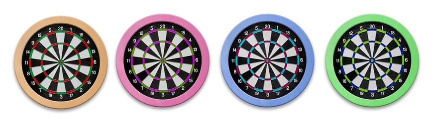 Collection of colored dartboards isolated on white background. 