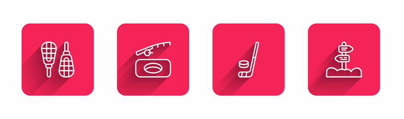 Set line Snowshoes, Winter fishing, Ice hockey stick and puck and Road traffic signpost with long shadow. Red square button. Vector