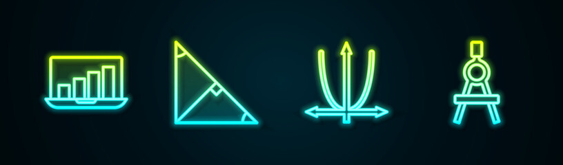 Set line Laptop with graph chart, Angle bisector of triangle, Graph, schedule, diagram and Drawing compass. Glowing neon icon. Vector