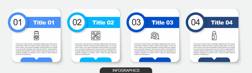 Set line Medicine bottle and pills, Pills blister pack, Dialogue with the doctor and Eye drop. Business infographic template. Vector