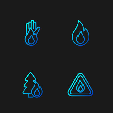 Set line Fire flame in triangle, Burning forest tree, No fire and . Gradient color icons. Vector