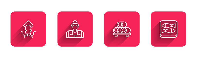 Set line Octopus, Fisherman, Sushi on cutting board and Canned fish with long shadow. Red square button. Vector