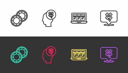 Set line Casino chips, slot machine with clover, Online jackpot and on black and white. Vector