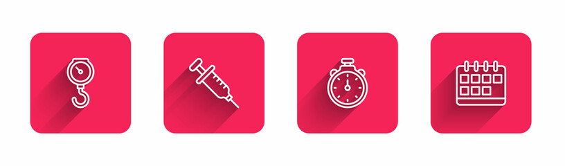 Set line Hand scale spring mechanical, Syringe, Stopwatch and Calendar with long shadow. Red square button. Vector