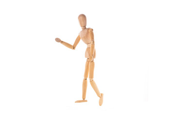 wooden man pointing with his hand to the side isolated on white background