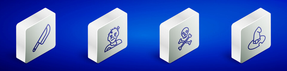 Set Isometric line Knife, Zombie mask, Skull on crossbones and Witch hat icon. Vector
