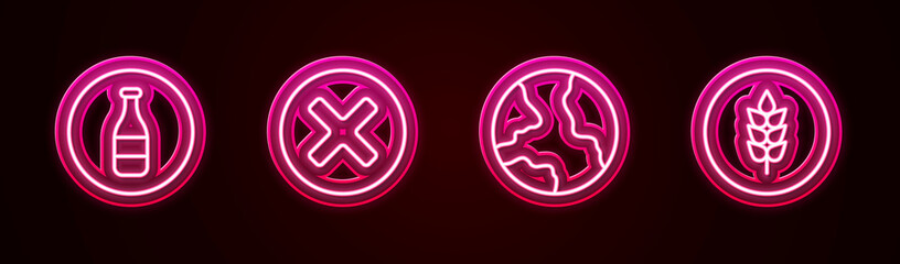 Set line Bottle, X Mark, Cross in circle, Worldwide and Wheat. Glowing neon icon. Vector