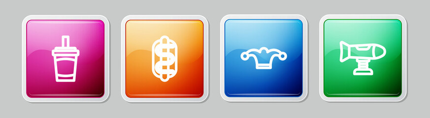 Set line Paper glass with water, Hotdog sandwich, Jester hat bells and Swing plane. Colorful square button. Vector